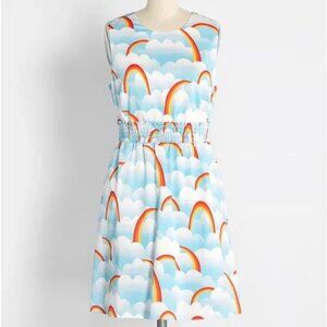 Modcloth Dreamscape Sky Park Fit and Flare Dress XS NEW Sea Blue Clouds Rainbow